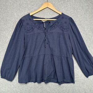 Lucky Brand Blue Embroidered Peasant Tunic Top Long Sleeve Tie Neck Size L NWT